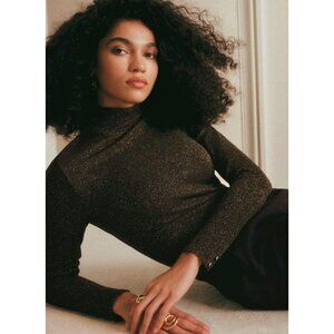 EUC Sezane Omaya Gold Sparkle Mock Neck Sweater Top Black Small